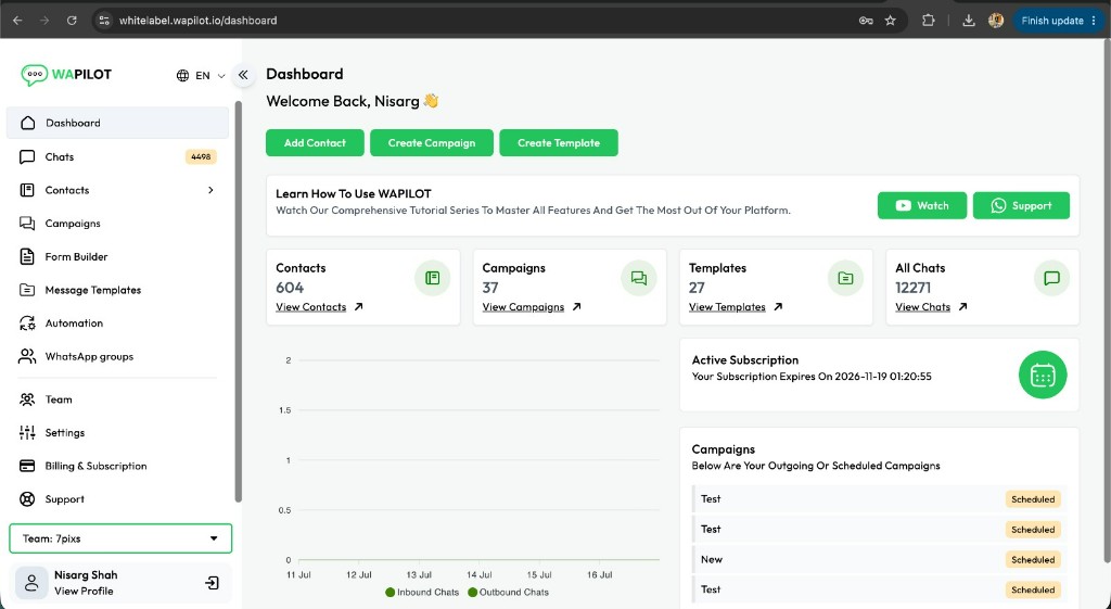WAPilot V1 dashboard with stats and campaigns