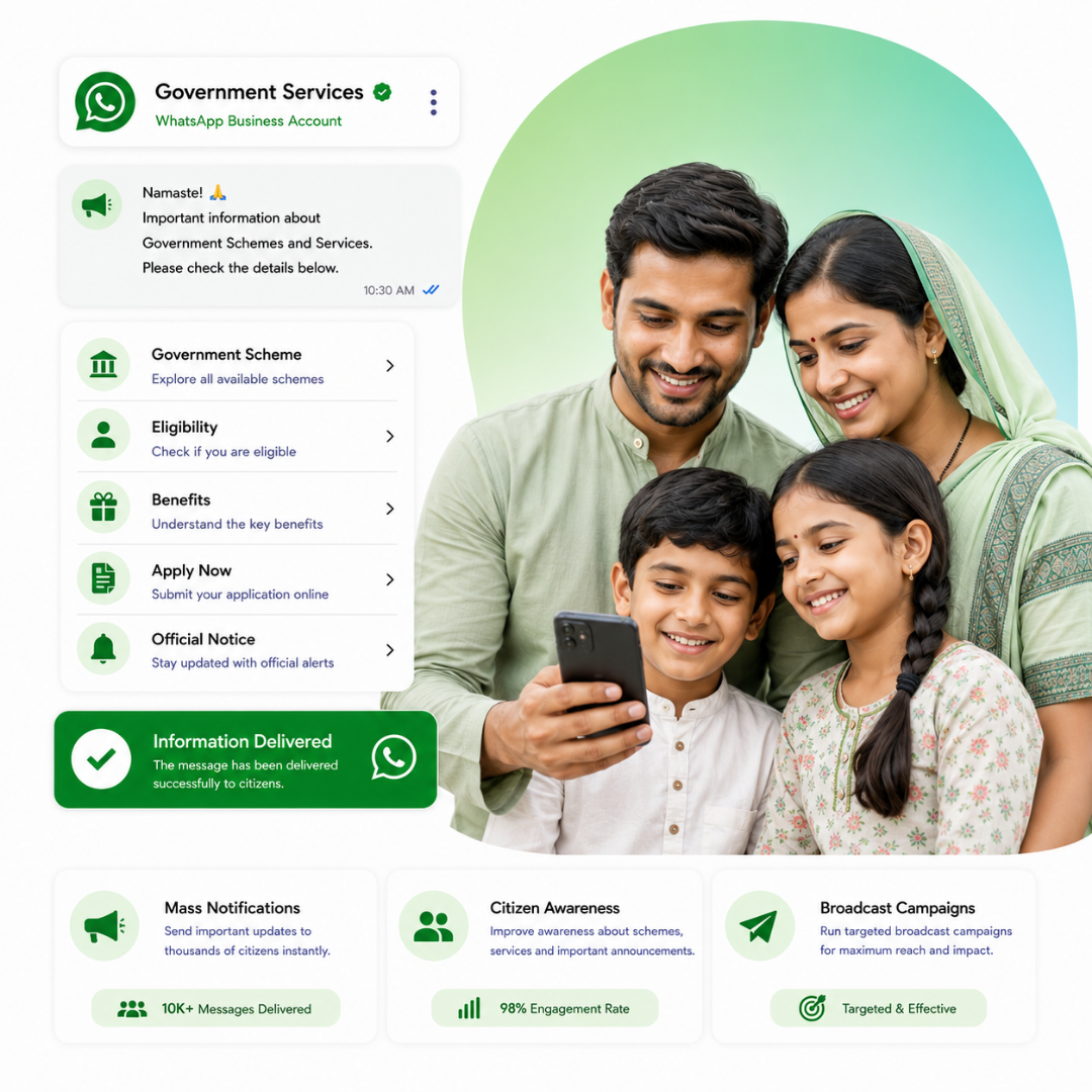 Government scheme awareness broadcasts on WhatsApp
