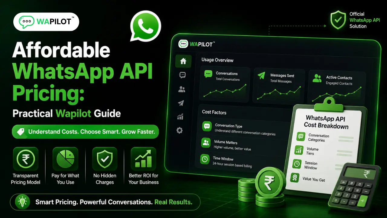 Affordable WhatsApp API pricing guide showing WhatsApp API cost factors and WAPilot dashboard
