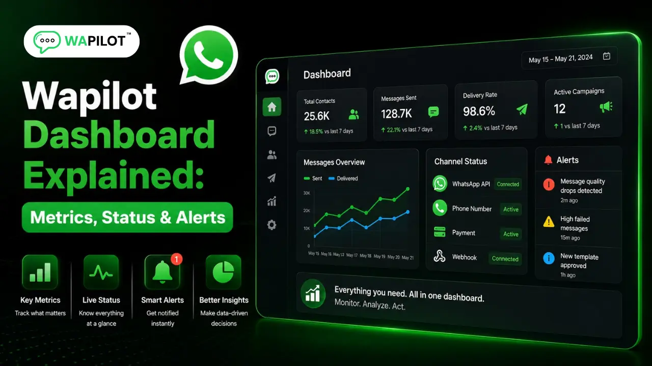 WAPilot WhatsApp dashboard showing analytics metrics messages delivery and alerts