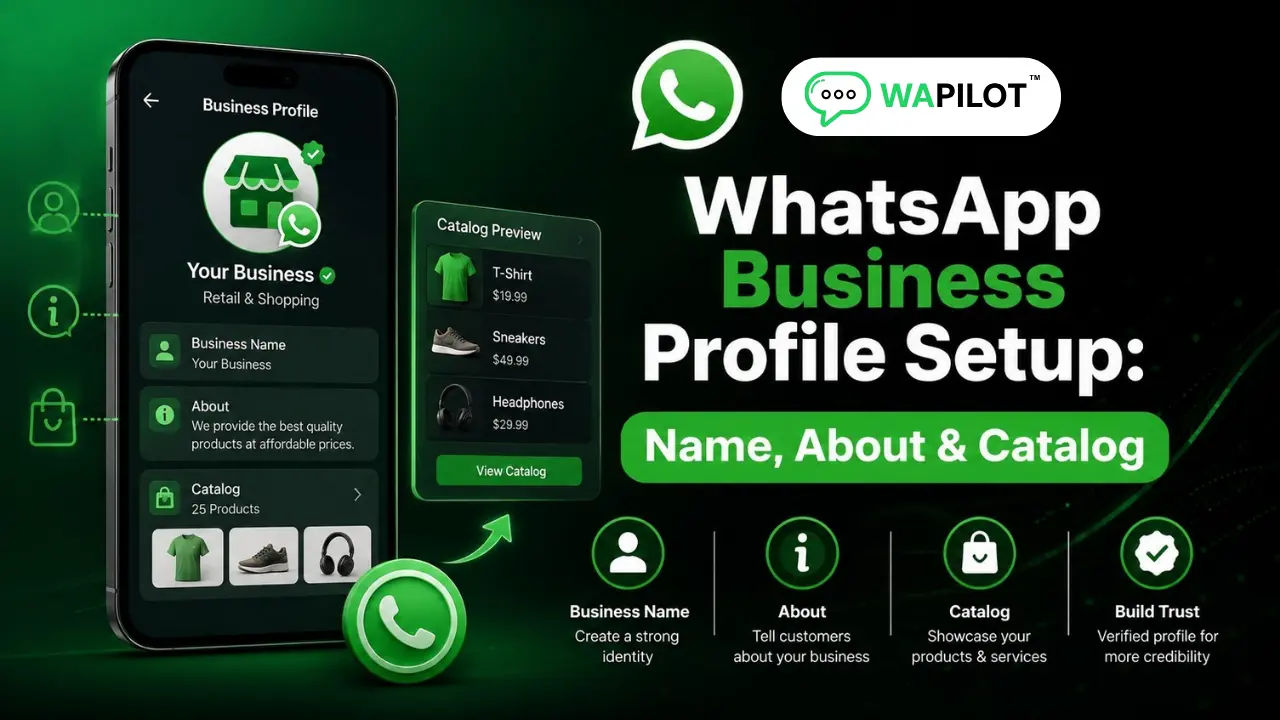 WhatsApp Business profile setup with business name about section and catalog